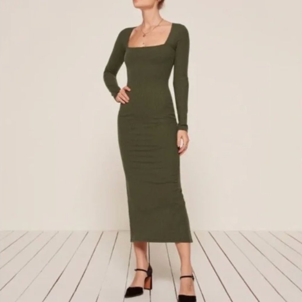 Reformation Olive Green Long Sleeve Midi Dress